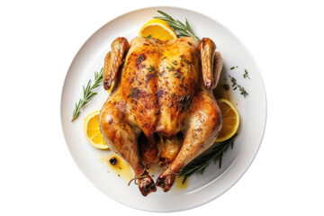 Roasted Chicken With Lemon And Rosemary On A White Plate. Gluten-Free Food On Isolated Transparent Background, Png. Generative AI