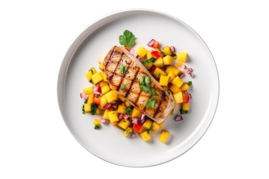 Grilled Swordfish With Mango Salsa On A White Plate. Gluten-Free Food On Isolated Transparent Background, Png. Generative AI