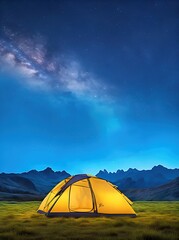 Illustration of a tent in the middle of the mountains in a beautiful night.created by ai.