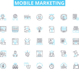 Mobile marketing linear icons set. Texts, SMS, MMS, Push, App, In-app, Geolocation line vector and concept signs. Personalization,Targeting,Engagement outline illustrations