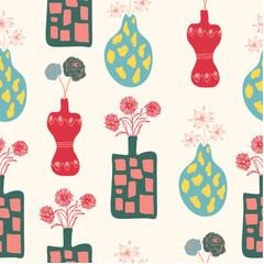 Floral vase pattern. Matisse inspired seamless repeat pattern design. Abstract hand drawn shapes. floral surface pattern vector illustration 