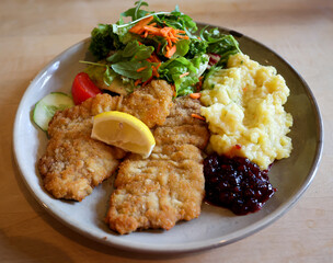 Ein Kalbsschnitzel mit Kartoffelstampf und Salat auf einem Teller.