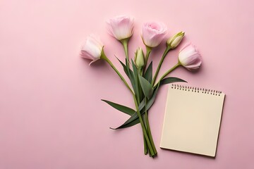 Flat lay eustoma flowers and blank note isolated on pastel spring background with copy space
