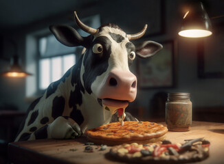 Funny Lactose intolerant dairy cow cartoon eating cheese pizza, Generative AI