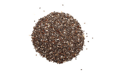 Chia seeds close-up on a white background. Chia seeds macro. Dry healthy supplement for proper nutrition.