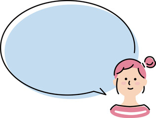 This illustration shows a girl with long hair speaking in a large speech balloon.