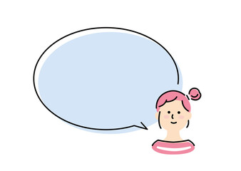 This illustration shows a girl with long hair speaking in a large speech balloon.