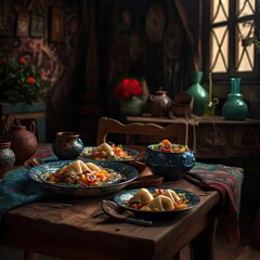 Fototapeta premium Appetizing Manti dish - Turkish food photography, generative ai