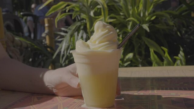 This video shows a spoon digging into a delicious frozen soft serve sorbet dessert with tropical green plants in the background. 