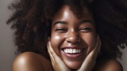 An afro woman's touch is a gentle reminder of self-love and care on a grey background. Generative AI