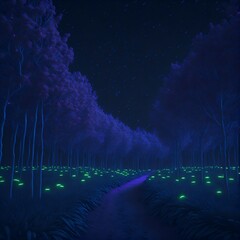 path between trees at night with green fluorescent lights on the ground