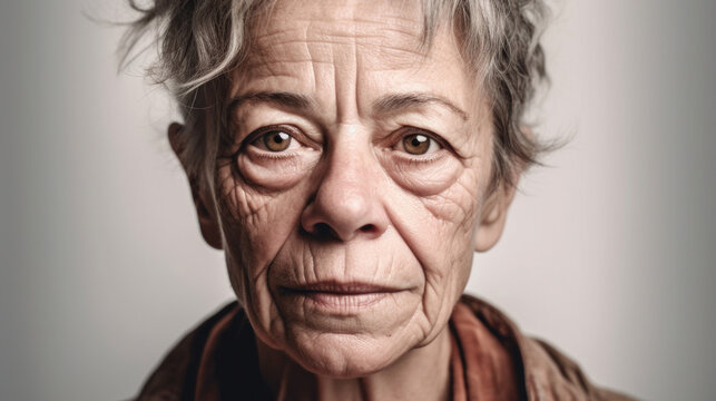 An exhausted senior woman looks worn out in the studio light background. Generative AI