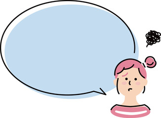 This illustration shows a girl with long hair who speaks with a large speech balloon and a troubled face.