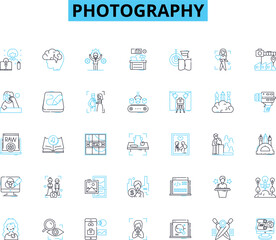 Photography linear icons set. Exposure, Aperture, Shutter, Focus, Composition, Light, Shadows line vector and concept signs. Contrast,Depth,Angle outline illustrations