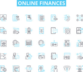 Fototapeta na wymiar Online finances linear icons set. Budgeting, Savings, Investments, Credit, Debt, Stock, Cryptocurrency line vector and concept signs. Forex,Payment,Banking outline illustrations