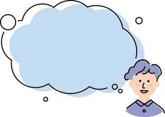 This illustration shows a curly-haired boy imagining big speech bubbles and fun things to do.