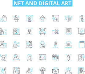 NFT and digital art linear icons set. Cryptocurrency, Blockchain, Tokenization, Digital, Arrk, Ownership, Authenticity line vector and concept signs. Rare,Collectible,Value outline illustrations