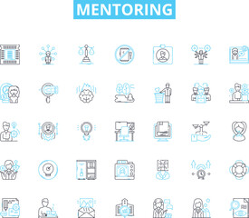 Mentoring linear icons set. Learning, Guidance, Coaching, Support, Advise, Experience, Sharing line vector and concept signs. Leadership,Development,Empowerment outline illustrations