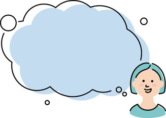 This illustration shows a bobbed-haired girl with a big balloon and imagining fun things to do.