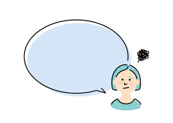 This illustration shows a bobbed-haired girl with a large speech balloon and a troubled face.