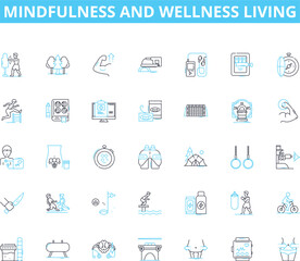 Mindfulness and wellness living linear icons set. Presence, Clarity, Tranquility, Serenity, Stillness, Calmness, Balance line vector and concept signs. Harmony,Relaxation,Grounding outline