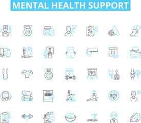 Mental health support linear icons set. Therapy, Counseling, Support, Healing, Wellness, Mindfulness, Advocate line vector and concept signs. Anxiety,Depression,Self-care outline illustrations