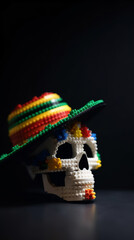 Fototapeta na wymiar poster blocks mexican skull with sombrero red background, generativ ai