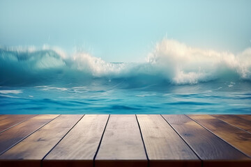 Empty wooden tabletop with seascape backdrop for advertising and presentation. Selective focus on tabletop. Generative AI illustration