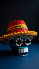 Fototapeta na wymiar poster blocks mexican skull with sombrero red background, generativ ai