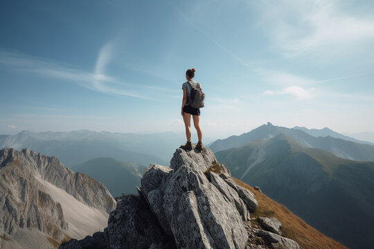 Uma mulher alta e confiante no topo de uma montanha