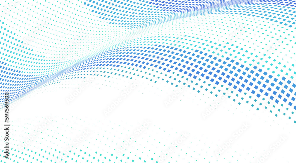 Poster curved dotted surface with halftone effect by blue and turquoise small squares