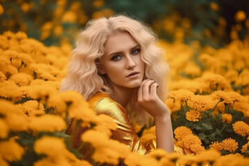 beldade em meio a campo de flores amarelas 