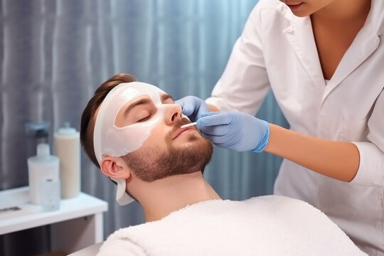 Esteticista fazendo tratamento de rosto no salão de beleza para um homem