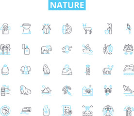Nature linear icons set. Forest, Mountain, River, Ocean, Lake, Sky, Sunset line vector and concept signs. Sunrise,Clouds,Rainforest outline illustrations