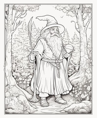 Fototapeta na wymiar Mage elf in a magical forest vector coloring book black and white for kids and adults isolated line art on white background.