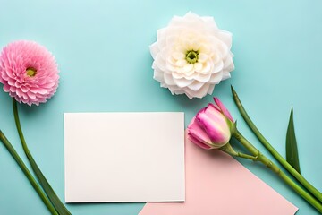 Flat lay eustoma flowers and blank note isolated on pastel spring background with copy space