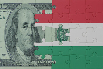 puzzle with the national flag of hungary and dollar money banknote. macro.concept.