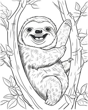 Sloth vector coloring book black and white for kids and adults isolated line art on white background.