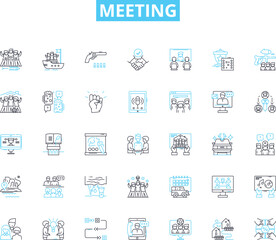 Meeting linear icons set. Collaboration, Dialogue, Convergence, Interaction, Inclusion, Assembly, Roundtable line vector and concept signs. Symposium,Consultation,Conclave outline illustrations