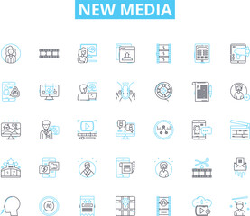 New media linear icons set. Interactivity, Digitalization, Connectivity, Innovation, Disruption, Virality, Collaboration line vector and concept signs. Creativity,Globalization,Immediacy outline