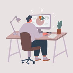 Vector illustration of Business Man Sitting Desk Office Working Place Laptop Back Rear View