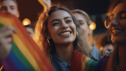 Happy smiling young girl, celebrating pride month. LGBTQ community, support, gay pride month. Generative AI