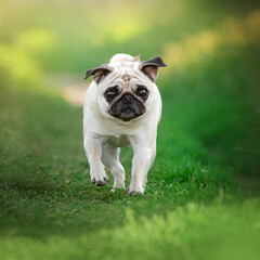 pug dog walking on green grass spring and pet
