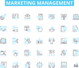 Marketing management linear icons set. Strategy, Promotion, Advertising, Branding, Market research, Sales, Positioning line vector and concept signs. Segmentation,Targeting,Differentiation outline