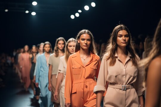 Photo of models walking down a runway during a fashion show. Generative Ai.