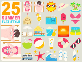 Summer Beach Illustration Flat Set 25 Item