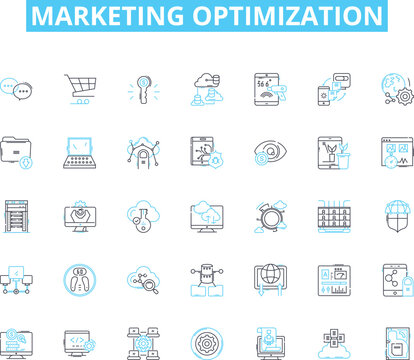 Marketing optimization linear icons set. Analytics, Strategy, Conversion, Automation, Personalization, Targeting, Segmentation line vector and concept signs. Metrics,Optimization,Customer outline