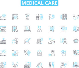 Medical care linear icons set. Diagnosis, Treatment, Prescription, Therapy, Check-up, Surgery, Medical line vector and concept signs. Health,Recovery,Rehabilitation outline illustrations