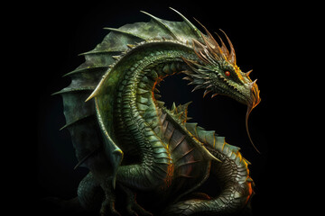 Illustration of green wooden dragon head isolated on black background. Symbol of 2024. Chinese New Year. Dragon image. High definition. Generative AI, human enhanced