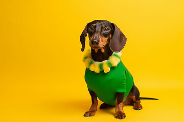 Cachorro fofo em traje de trevo verde senta-se em fundo amarelo. Dashshund na celebração do Dia de São Patrício